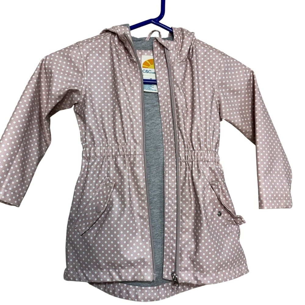 C&C California Girls Rain Coat Light Pink White Polka Dot Hooded Lined Size 4T